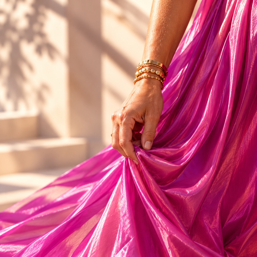 Une main ornée de bracelets dorés qui froisse un satin magenta dans la lumière du soir